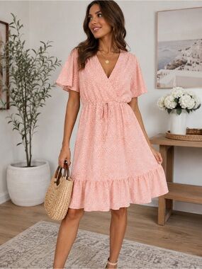 Kirundo Blush Pink Flutter Sleeve Dress | Size Medium | Ruffle Hem
